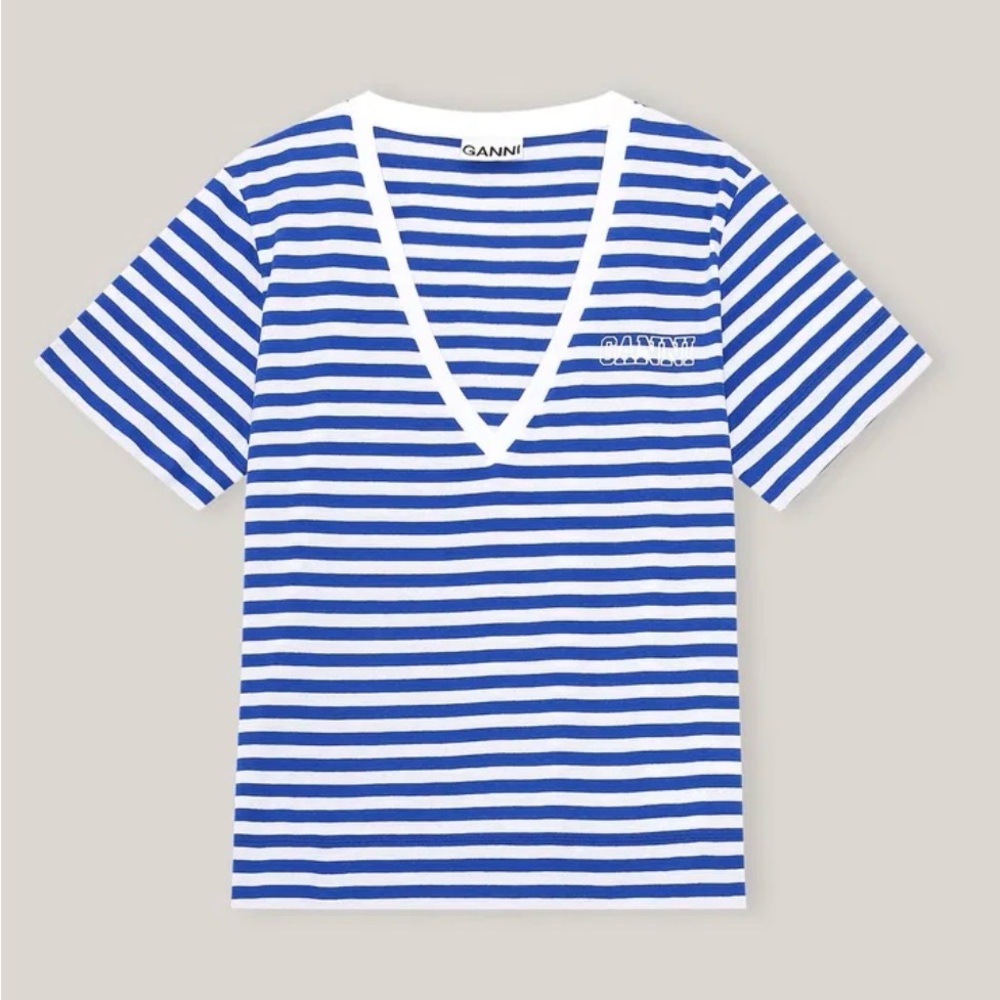 Ganni White & Blue Striped Deep V Tee